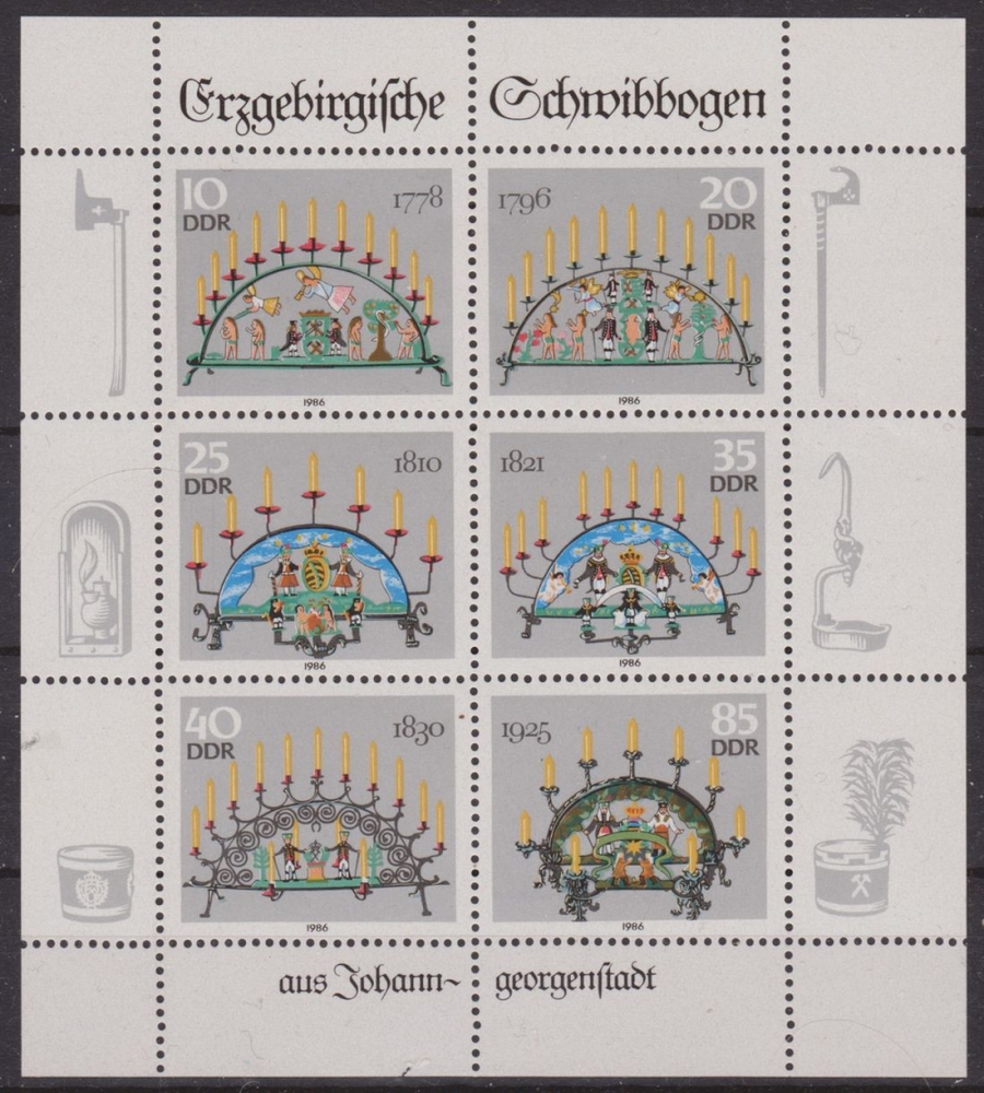 Alemania DDR 1986 Scott 2578 Sellos ** HB Lamparas de candelabro de hierro forjado de Johann Georgenftadt Timbres Allemagne Germania Germany Alemagne Deutschland